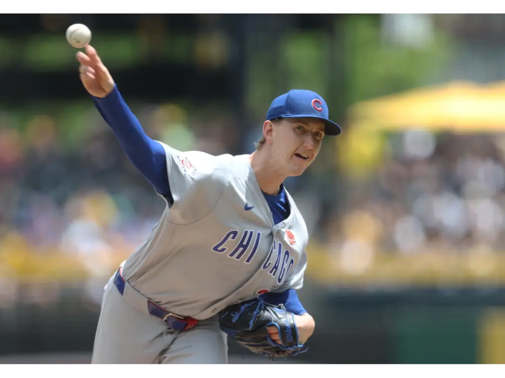 May 25, 2026; Pittsburgh, Pennsylvania, USA; Chicago Cubs starting pitcher Ben Brown (32) throws a pitch against the Pittsburgh Pirates during the first inning at PNC Park. Mandatory Credit: Charles LeClaire-Imagn Images