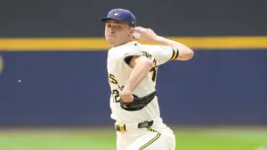 Milwaukee Brewers pitcher Jacob Misiorowski (32) throws a pitch.