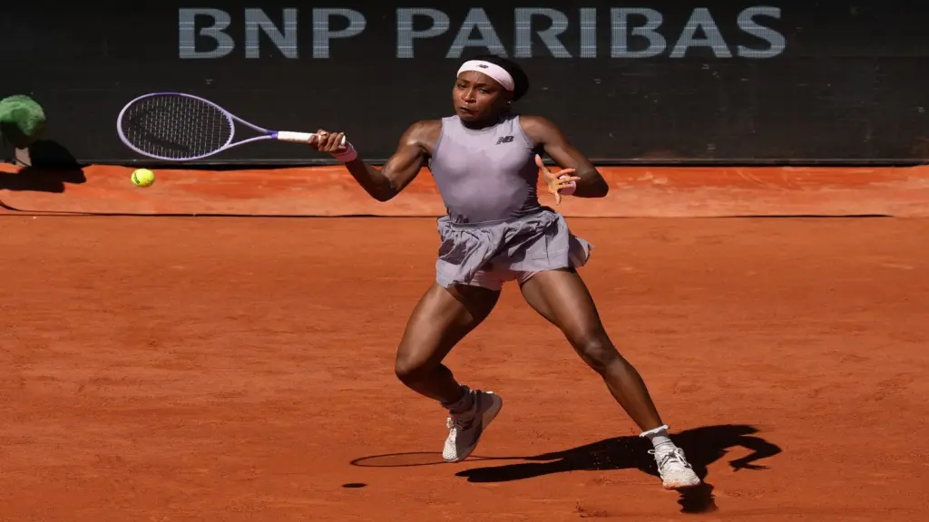 Coco Gauff of the United States returns a shot.