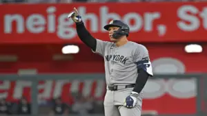 New York Yankees right fielder Aaron Judge (99) reacts after doubling in a run.