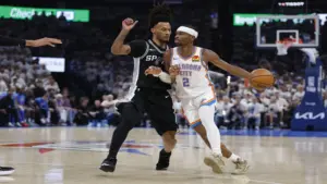 Oklahoma City Thunder guard Shai Gilgeous-Alexander (2) drives.