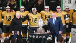 Vegas Golden Knights and primary owner of the Vegas Golden Knights Bill Foley are presented with the Clarence S. Campbell Bowl.