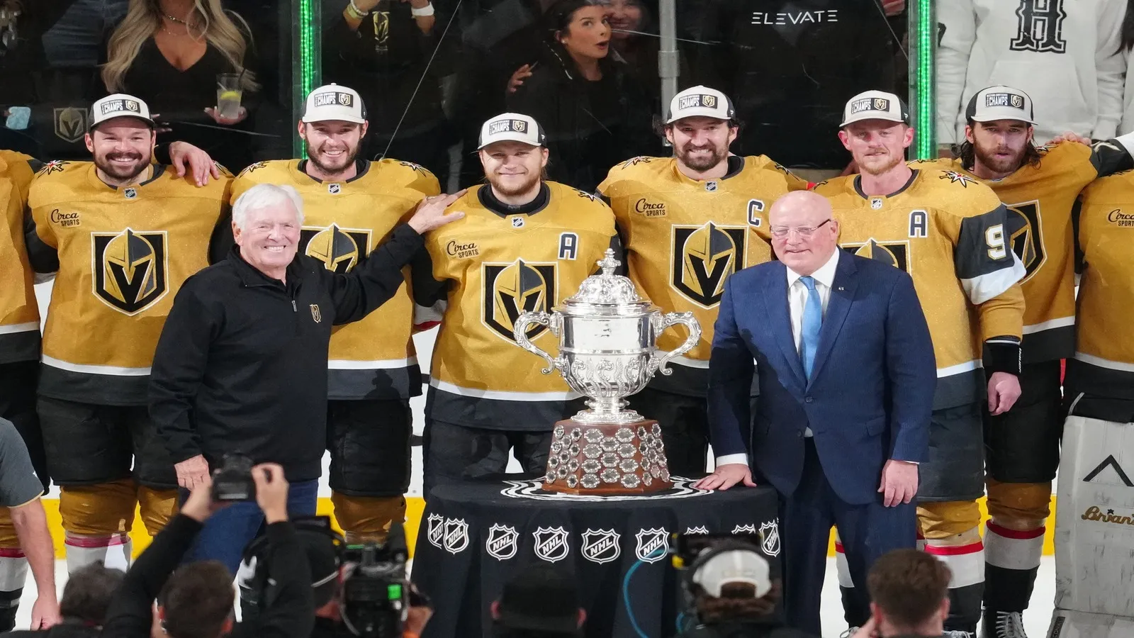 Vegas Golden Knights and primary owner of the Vegas Golden Knights Bill Foley are presented with the Clarence S. Campbell Bowl.
