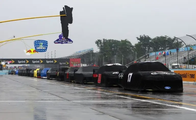 Aug 14, 2011; Watkins Glen, NY, USA; A general view of the NASCAR Sprint Cup Series cars during a rain delay at the Heluva Good Sour Cream Dips at The Glen at Watkins Glen International.
