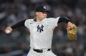 May 1, 2026; Bronx, New York, USA; New York Yankees pitcher Will Warren (29) delivers a pitch during the fourth inning against the Baltimore Orioles at Yankee Stadium.