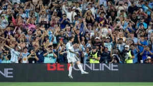 Argentina forward Lionel Messi (10) celebrates his goal as Argentina takes on Iceland in a World Cup Friendly match at Jordan-Hare Stadium in Auburn, Ala. on Tuesday, June 9, 2026. Argentina defeated Iceland 3-0.