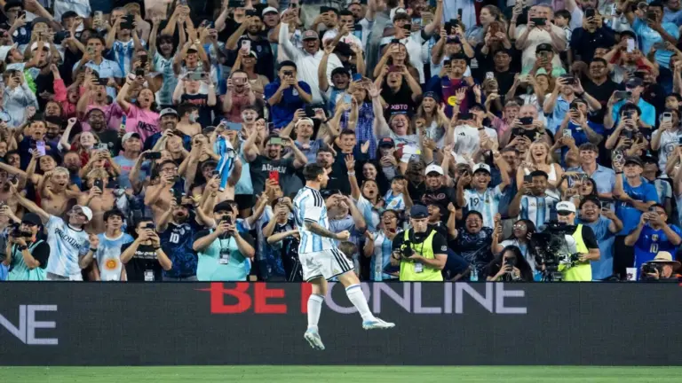 Argentina forward Lionel Messi (10) celebrates his goal as Argentina takes on Iceland in a World Cup Friendly match at Jordan-Hare Stadium in Auburn, Ala. on Tuesday, June 9, 2026. Argentina defeated Iceland 3-0.