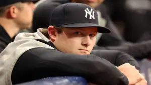 May 10, 2024; St. Petersburg, Florida, USA; New York Yankees pitcher Garret Cole (45) looks on against the Tampa Bay Rays at Tropicana Field.