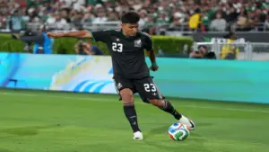 May 30, 2026; Pasadena, California, USA; Mexico midfielder Brian Gutiérrez (23) against Australia in the second half at Rose Bowl Stadium.