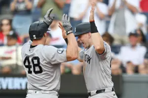 Jun 8, 2026; Cleveland, Ohio, USA; New York Yankees designated hitter Paul Goldschmidt (48) celebrates with first baseman Ben Rice (22) after hitting a home run during the first inning against the Cleveland Guardians at Progressive Field.