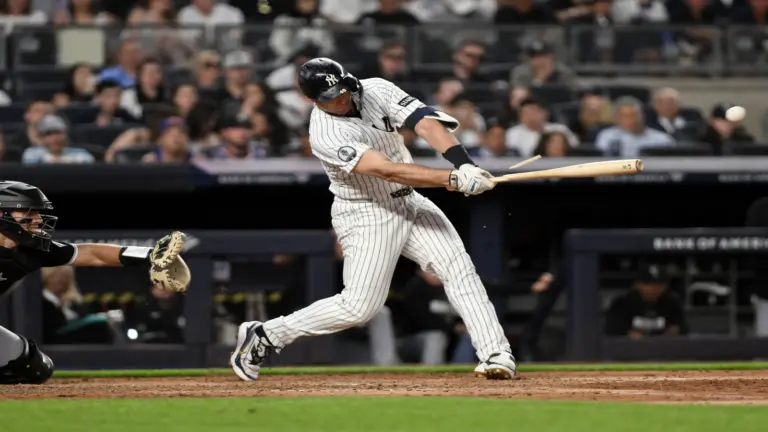 Jun 16, 2026; Bronx, New York, USA; New York Yankees first baseman Paul Goldschmidt (48) breaks his bat during an at bat against the Chicago White Sox during the fifth inning at Yankee Stadium.