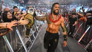 Roman Reigns after winning at WWE Clash In Italy over Jacob Fatu.