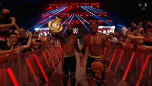 The Street Profits on Raw after winning the World Tag Titles from The Vision.