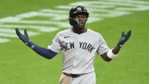 Jun 9, 2026; Cleveland, Ohio, USA; New York Yankees second baseman Jazz Chisholm Jr. (13) reacts after hitting a solo home run in the eighth inning against the Cleveland Guardians at Progressive Field.