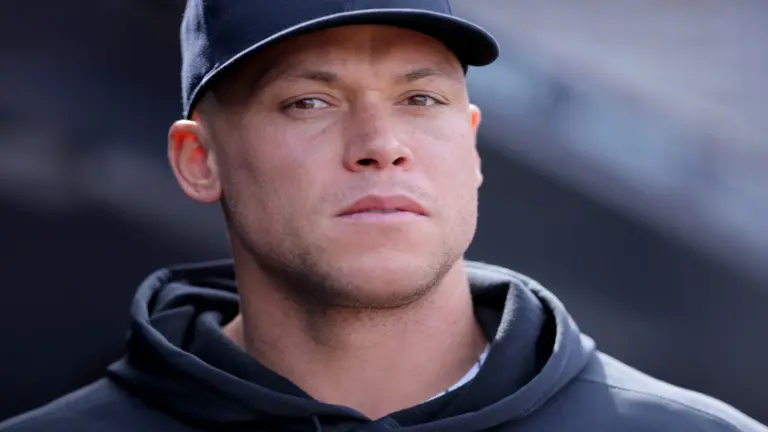 Jun 4, 2026; Bronx, New York, USA; New York Yankees right fielder Aaron Judge (99) in the dugout after defeating the Cleveland Guardians at Yankee Stadium.