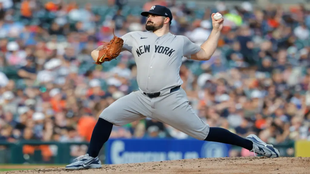 Jun 23, 2026; Detroit, Michigan, USA; New York Yankees pitcher Carlos Rodon (55) pitches in the second inning against the Detroit Tigers at Comerica Park.