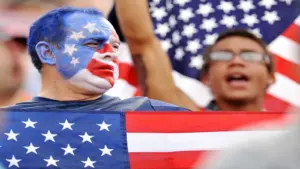Bob.Self@jacksonville.com--6/7/14--Team USA fans show their colors from the stands before the start of Saturday's soccer game. First half action of Saturday's 2014 U.S. Men's National Team's Send-Off game against Nigeria ahead of their trip to the World Cup in Brazil June 7, 2014. The USA came out on top with a final score of 2 to 1 against Nigeria. (The Florida Times-Union/Bob Self)