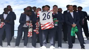 May 26, 2026; New York, New York, USA; Alejandro Zendejas holds up his jersey during the United States men's national team roster reveal for the 2026 FIFA World Cup at The Rooftop at Pier 17.