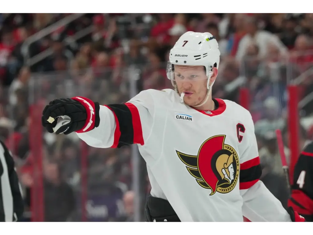 Apr 18, 2026; Raleigh, North Carolina, USA; Ottawa Senators left wing Brady Tkachuk (7) reacts against the Carolina Hurricanes during the second period in game one of the first round of the 2026 Stanley Cup Playoffs at Lenovo Center. Mandatory Credit: James Guillory-Imagn Images