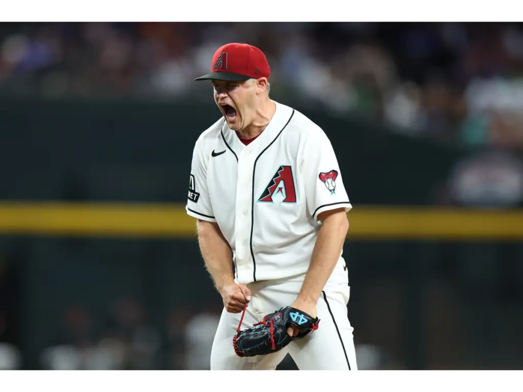 Jun 4, 2026; Phoenix, Arizona, USA; Arizona Diamondbacks closing pitcher Paul Sewald (38) reacts after striking out an Arizona Diamondbacks batter in the ninth inning at Chase Field. Mandatory Credit: Anna Carrington-Imagn Image