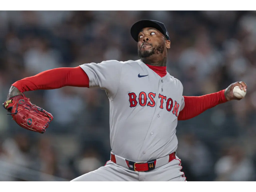 Jun 5, 2026; Bronx, New York, USA; Boston Red Sox pitcher Aroldis Chapman (44) delivers a pitch during the ninth inning against the New York Yankees at Yankee Stadium. Mandatory Credit: Vincent Carchietta-Imagn Images