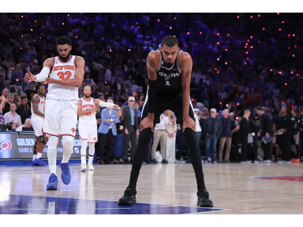 Jun 10, 2026; New York, New York, USA; San Antonio Spurs forward Victor Wembanyama (1) reacts in the fourth quarter against the New York Knicks during game four of the 2026 NBA Finals at Madison Square Garden. Mandatory Credit: Brad Penner-Imagn Images
