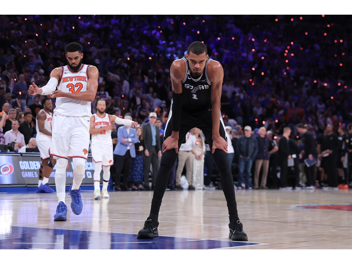 Jun 10, 2026; New York, New York, USA; San Antonio Spurs forward Victor Wembanyama (1) reacts in the fourth quarter against the New York Knicks during game four of the 2026 NBA Finals at Madison Square Garden. Mandatory Credit: Brad Penner-Imagn Images