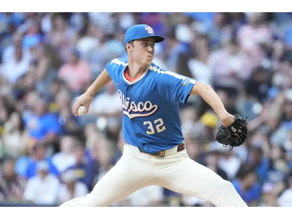 Jun 12, 2026; Milwaukee, Wisconsin, USA; Milwaukee Brewers pitcher Jacob Misiorowski (32) delivers a pitch against the Philadelphia Phillies in the second inning at American Family Field. Mandatory Credit: Michael McLoone-Imagn Images