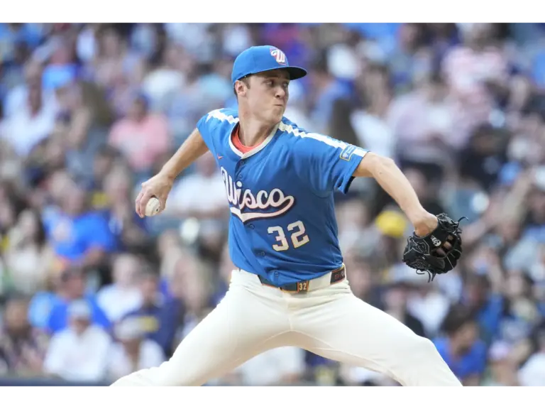 Jun 12, 2026; Milwaukee, Wisconsin, USA; Milwaukee Brewers pitcher Jacob Misiorowski (32) delivers a pitch against the Philadelphia Phillies in the second inning at American Family Field. Mandatory Credit: Michael McLoone-Imagn Images, Brewers vs. Padres