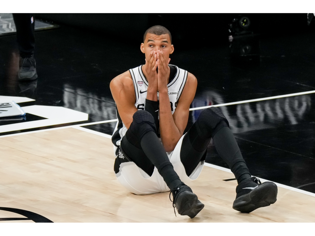 Jun 13, 2026; San Antonio, Texas, USA; San Antonio Spurs forward Victor Wembanyama (1) reacts after a play against the New York Knicks in the second half during game five of the 2026 NBA Finals at Frost Bank Center. Mandatory Credit: Scott Wachter-Imagn Images