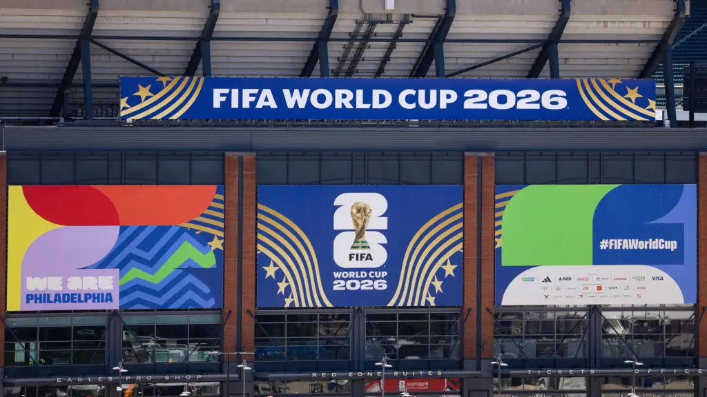 Jun 4, 2026; Philadelphia, Pennsylvania, USA; A general view of from Citizens Bank Park of Lincoln Financial field with 2026 FIFA World Cup signage.