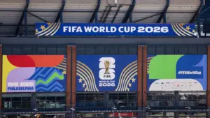 Jun 4, 2026; Philadelphia, Pennsylvania, USA; A general view of from Citizens Bank Park of Lincoln Financial field with 2026 FIFA World Cup signage.