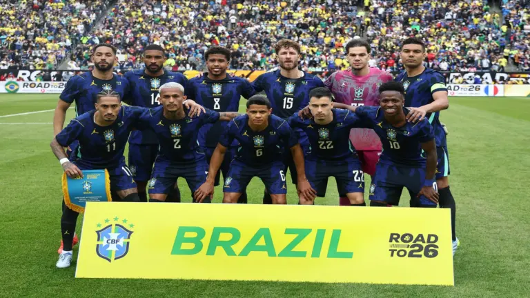 Mar 26, 2026; Foxborough, Massachusetts, USA; Brazil poses for a team picture before their friendly against France at Gillette Stadium.