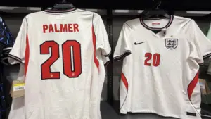 Jun 10, 2026; Tustin, California, USA; Nike jerseys of England forward Cole Palmer (20) at Dick's Sporting Goods.