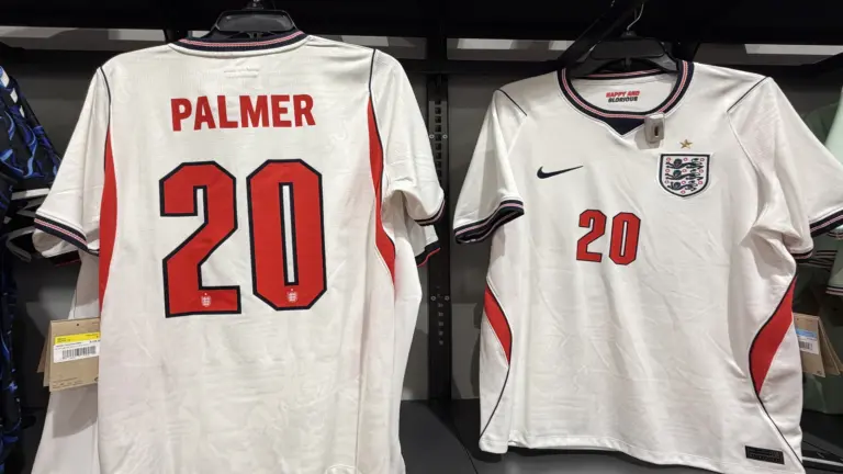Jun 10, 2026; Tustin, California, USA; Nike jerseys of England forward Cole Palmer (20) at Dick's Sporting Goods.