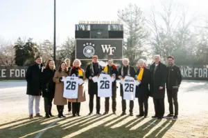 Dec 7, 2025; Winston-Salem, North Carolina, USA; Wake Forest University President Dr. Susan Wente, German head coach Julian Nagelsmann, Wake Forest University vice president and director of athletics John Currie, Director of the German national team Rudi Voller, and members of the German Football Association pose for a portrait at W. Dennie Spry Soccer Stadium. The German Football Association chose Wake Forest University as its Team Base Camp for FIFA World Cup 2026. Mandatory Credit: Wake Forest University via Imagin Images
