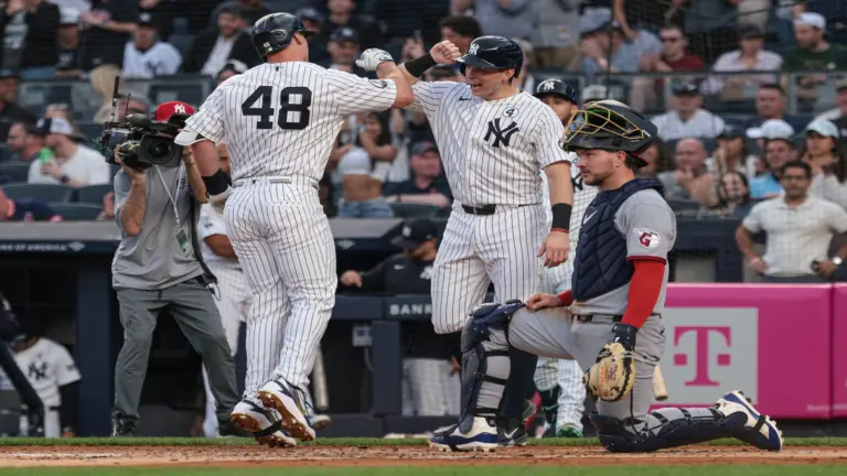 Jun 2, 2026; Bronx, New York, USA; New York Yankees first baseman Paul Goldschmidt (48) celebrates with first baseman Ben Rice (22) after hitting a two run home run during the third inning against the Cleveland Guardians at Yankee Stadium.