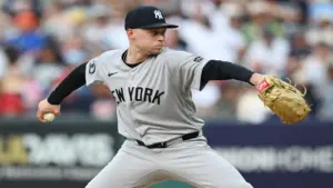 Jun 8, 2026; Cleveland, Ohio, USA; New York Yankees pitcher Will Warren (29) throws a pitch during the first inning against the Cleveland Guardians at Progressive Field.
