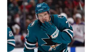 Sharks player Celebrini on the ice