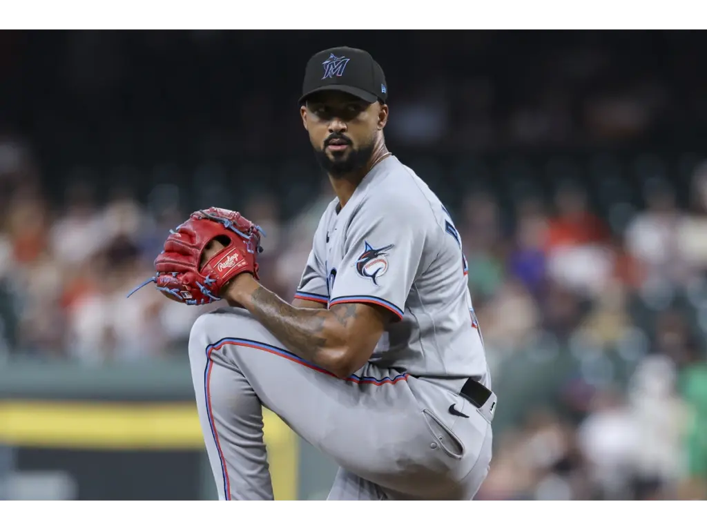 Jul 22, 2026; Houston, Texas, USA; Miami Marlins starting pitcher Sandy Alcantara (22) delivers a pitch during the second inning against the Houston Astros at Daikin Park. Mandatory Credit: Troy Taormina-Imagn Images