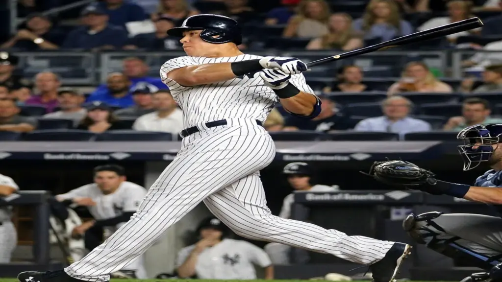 Aaron Judge ALDS status: Yankees slugger Aaron Judge batting in an archive photo
