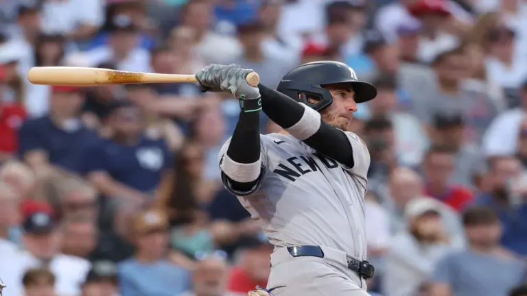 Jul 25, 2026; Philadelphia, Pennsylvania, USA; New York Yankees left fielder Cody Bellinger (35) hits an RBI single against the Philadelphia Phillies during the sixth inning at Citizens Bank Park.