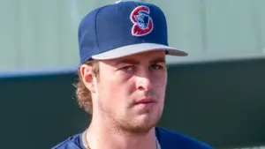 Cam Schlittler of the Yankees with the Somerset Patriots at Peoples Natural Gas Field on April 17, 2025.