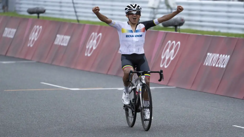 Jul 24, 2021; Shizuoka, Japan; From left, Wout van Aert (BEL), Richard Carapaz (ECU) and Tadej Pogacar (SLO) on the podium after the Men's Road Race during the Tokyo 2020 Olympic Summer Games at Fuji Speedway. Carapaz won gold, van Aert won silver, and Pogacar won bronze. Carapaz won the tour stage today. Mandatory Credit: Andrew P. Scott-USA TODAY Network