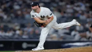 Jul 3, 2026; Bronx, New York, USA; New York Yankees starting pitcher Gerrit Cole (45) follows through on a pitch against the Minnesota Twins during the fourth inning at Yankee Stadium.