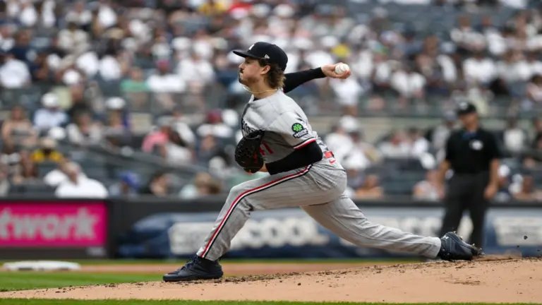 Jul 5, 2026; Bronx, New York, USA; Minnesota Twins pitcher Joe Ryan (41) pitches during the first inning against the New York Yankees at Yankee Stadium.