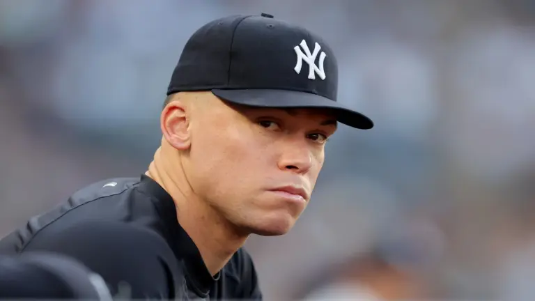 Jun 29, 2026; Bronx, New York, USA; New York Yankees injured outfielder Aaron Judge watches from the dugout during the second inning against the Detroit Tigers at Yankee Stadium.