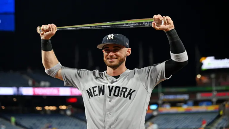 Jul 14, 2026; Philadelphia, Pennsylvania, USA; New York Yankees center fielder Cody Bellinger (35) celebrates after winning the Ted Williams Most Valuable Player Award after the All-Star Game at Citizens Bank Park.
