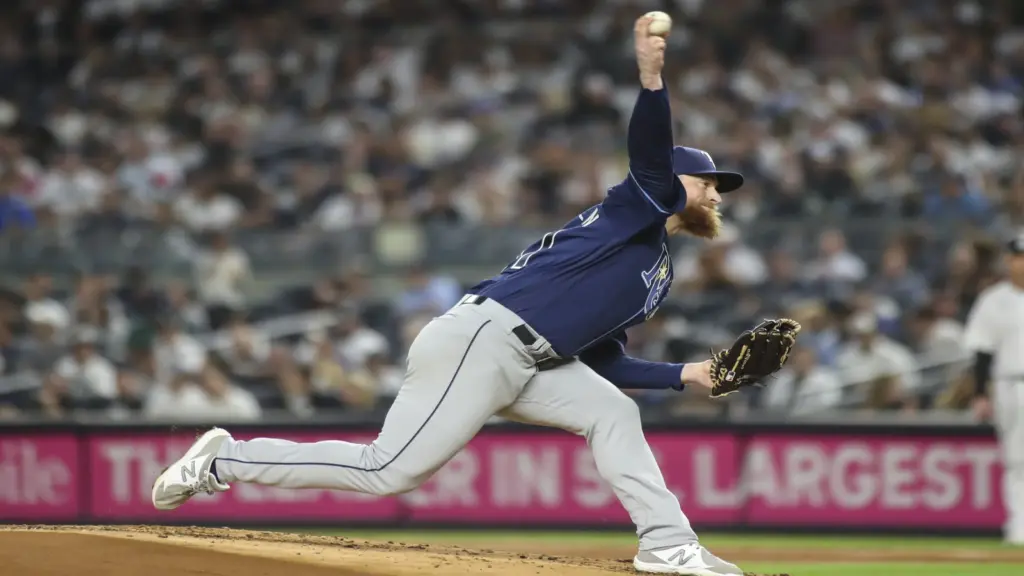 Sep 9, 2022; Bronx, New York, USA; Tampa Bay Rays pitcher Drew Rassmussen (57) pitches in the first inning against the New York Yankees at Yankee Stadium.