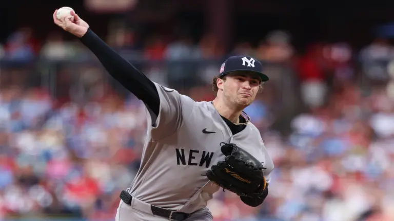 Jul 24, 2026; Philadelphia, Pennsylvania, USA; New York Yankees pitcher Cam Schlittler (31) throws a pitch during the second inning against the Philadelphia Phillies during the first inning at Citizens Bank Park.